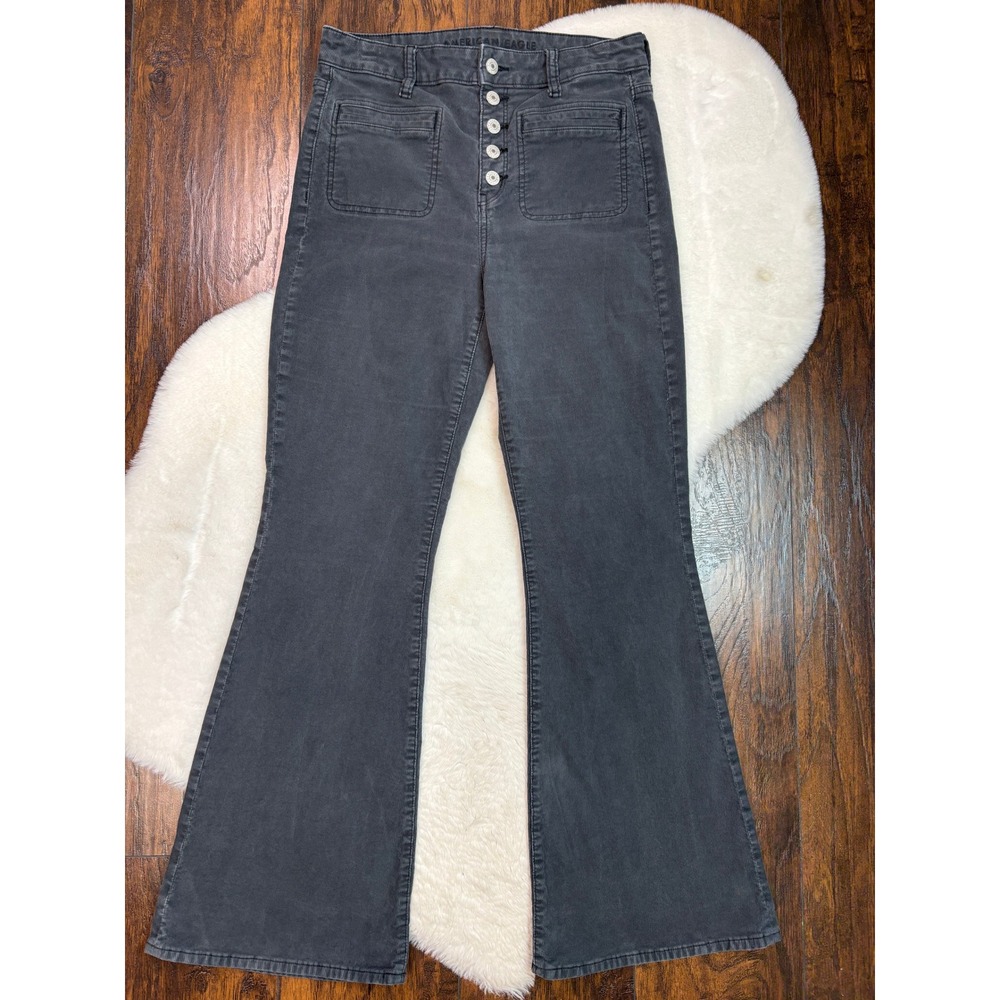 American Eagle Flare Pants 8 Gray Super High Rise Corduroy Button Fly Stretch